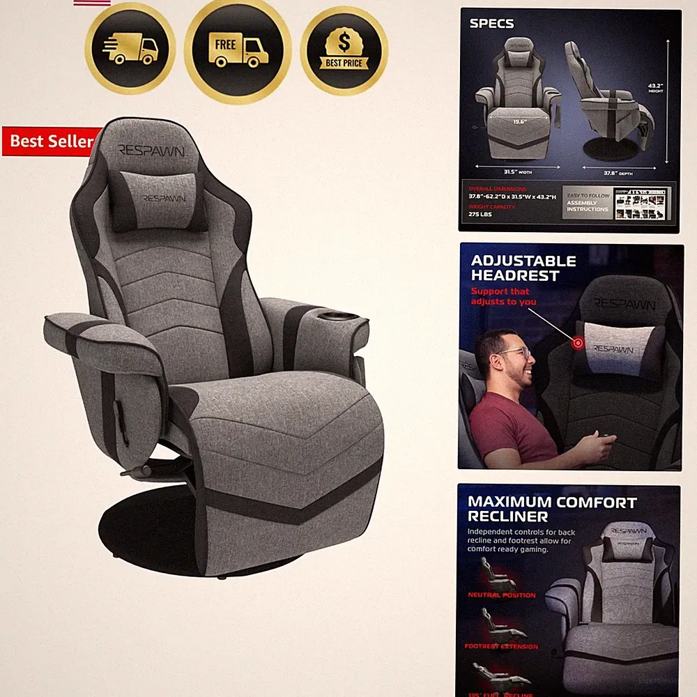 900 Console Gaming Recliner with Footrest and Lumbar Support - Comfortable Er...