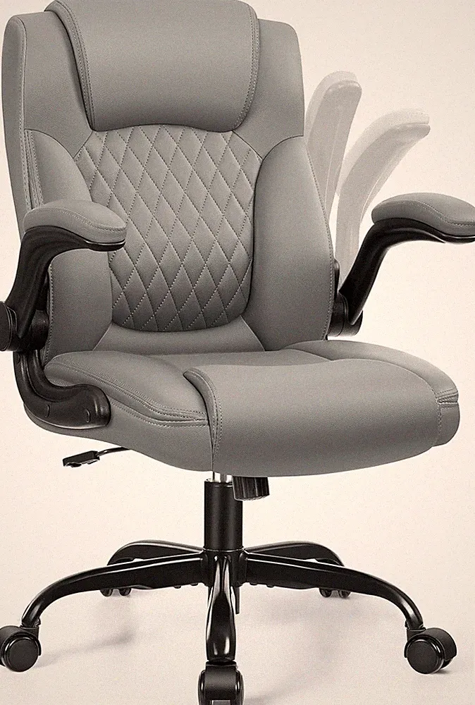Ergonomic Gray Leather Office Chair with 360° Swivel & Adjustable Armrests