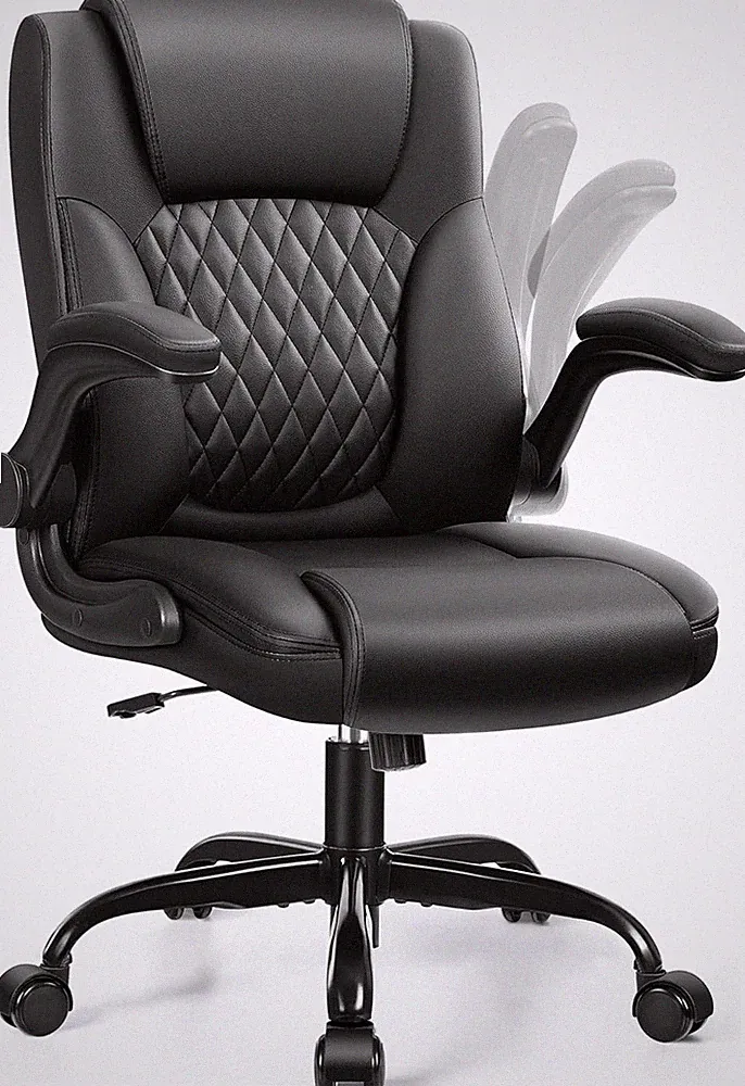 Ergonomic Leather Office Chair with Adjustable Armrests & 360° Swivel, Black