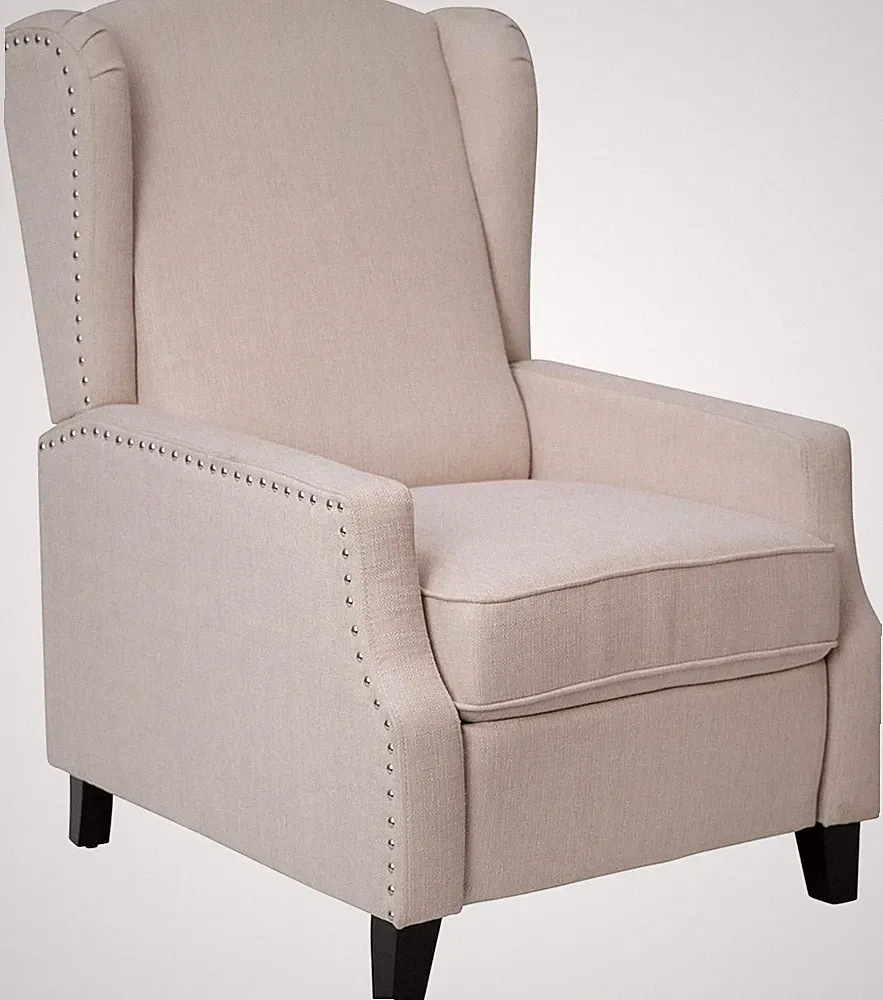 Maxfield Cream Fabric Slim Wingback Recliner with Nail Trim & Push Back