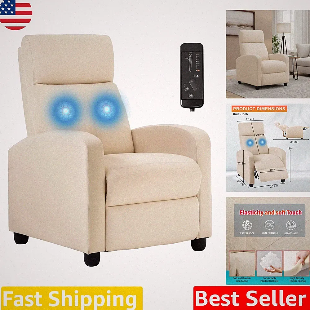 Modern Beige Recliner Sofa Chair: Vibration Massage, Padded Seat, 275lb Capacity